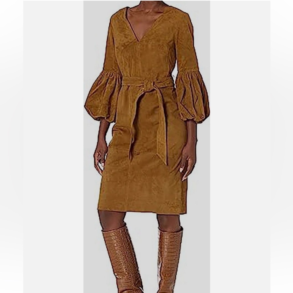 $748 TRINA TURK Goat Suede Belted Balloon Sleeves Dress 2